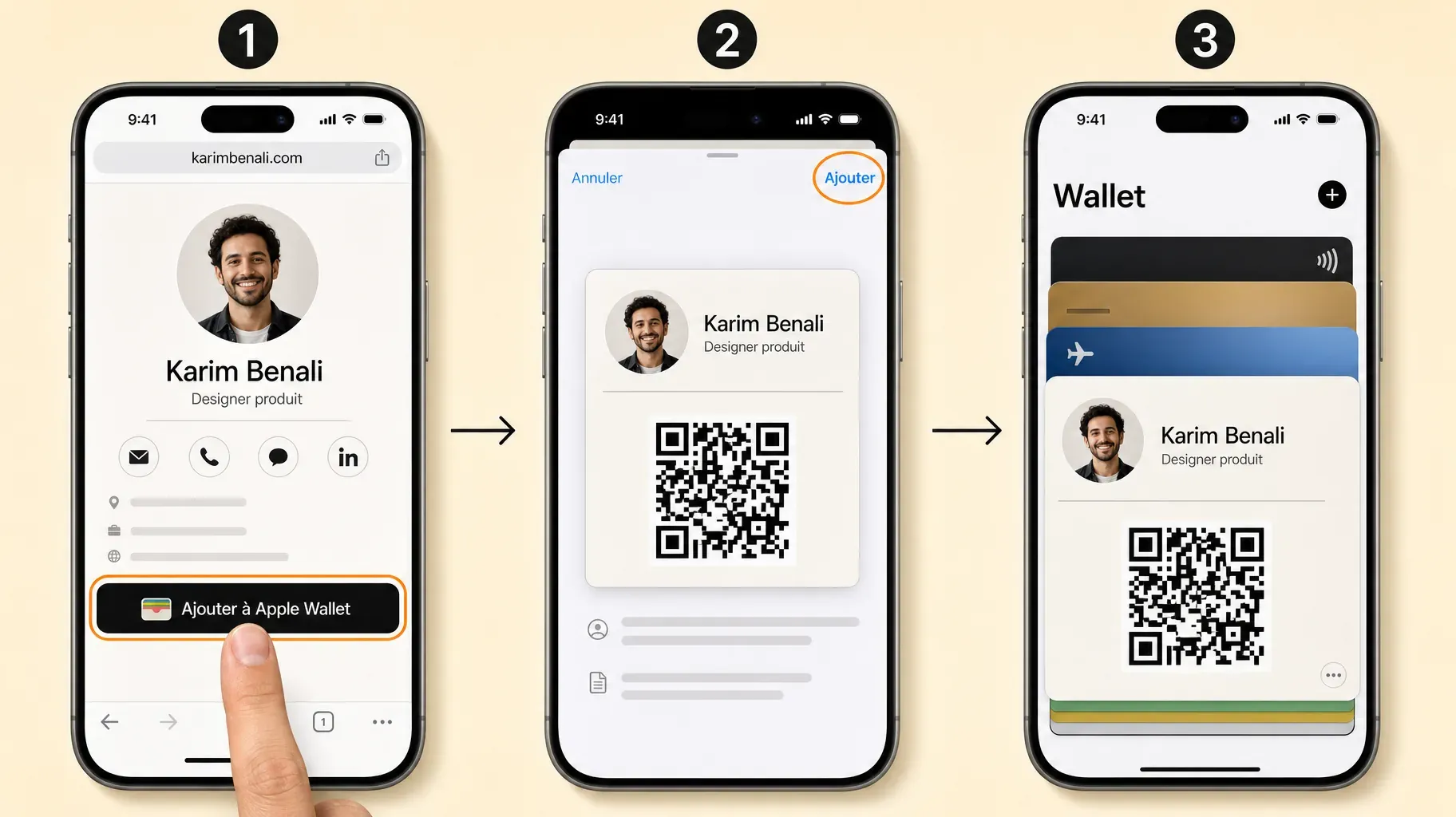 Trois étapes pour enregistrer une carte de visite digitale dans Apple Wallet, toucher Ajouter à Apple Wallet, toucher Ajouter sur l'aperçu, puis ouvrir le pass et son QR code