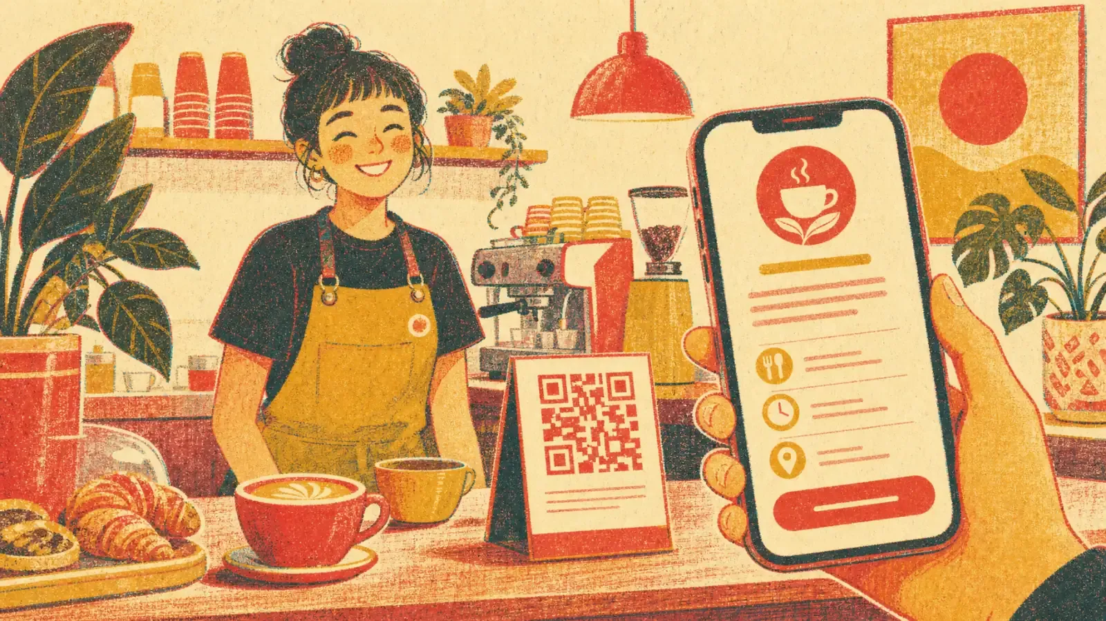 Risograph illustration of a smiling barista, a QR code table tent and a phone showing the café's digital card with menu, hours and map