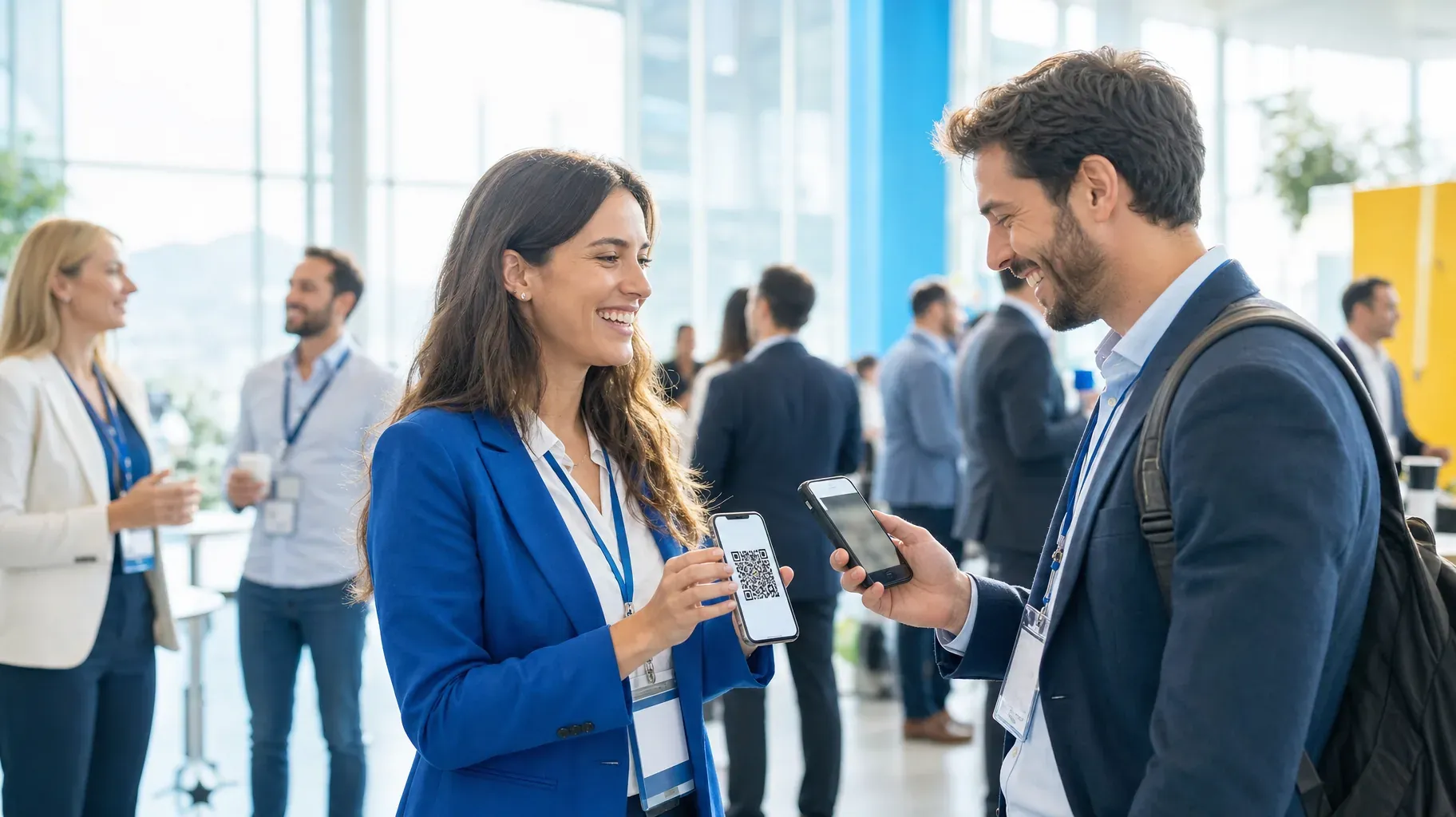 Two professionals at a conference, one showing a QR code on her phone while the other scans it to save her digital business card