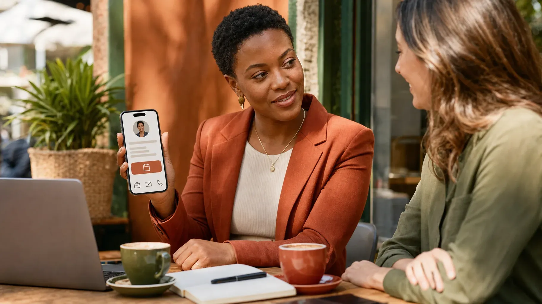 Freelance consultant at a café showing her digital business card with a booking button to a client
