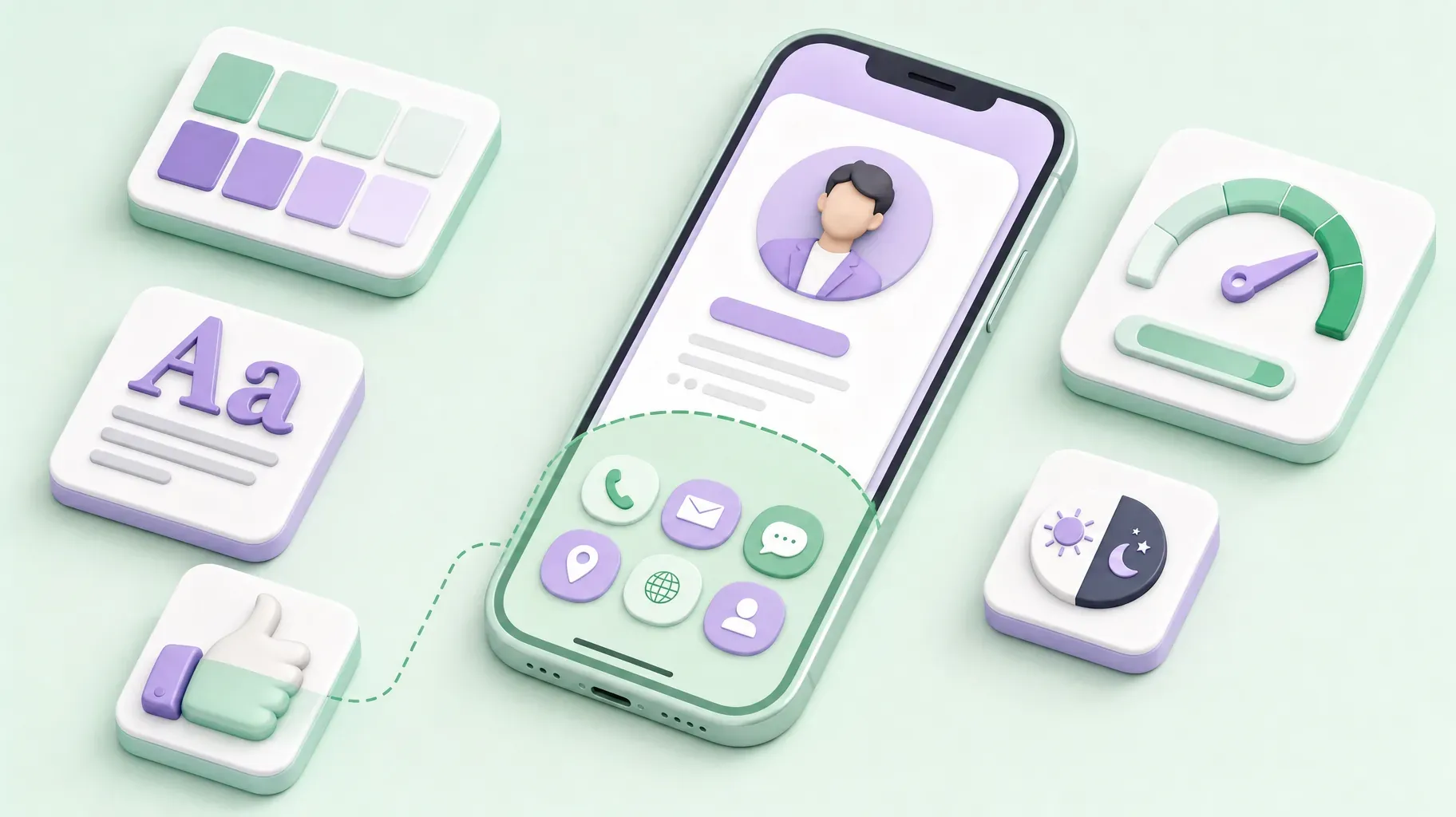 Isometric phone with a digital business card surrounded by design tiles for colors, fonts, thumb reach zone, loading speed and contrast