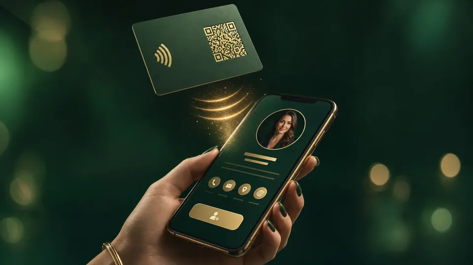 Emerald NFC business card with a gold QR code floating above a phone showing a digital business card