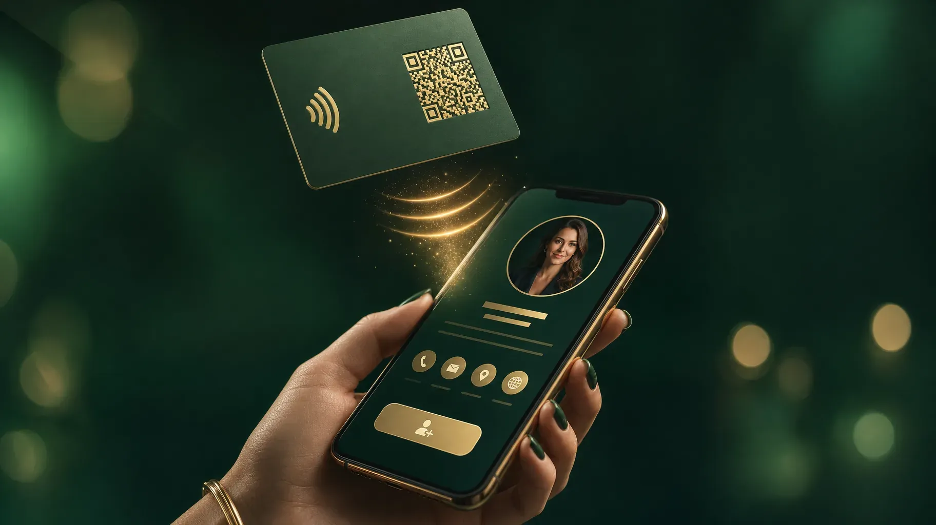 Emerald NFC business card with a gold QR code floating above a phone showing a digital business card