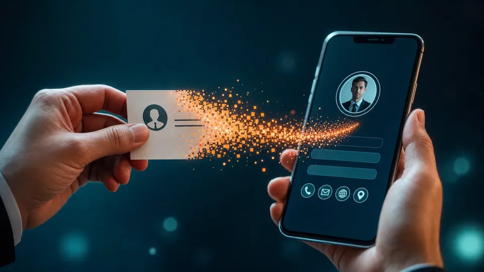 Paper business card dissolving into glowing pixels that flow into a phone showing a digital business card with contact icons