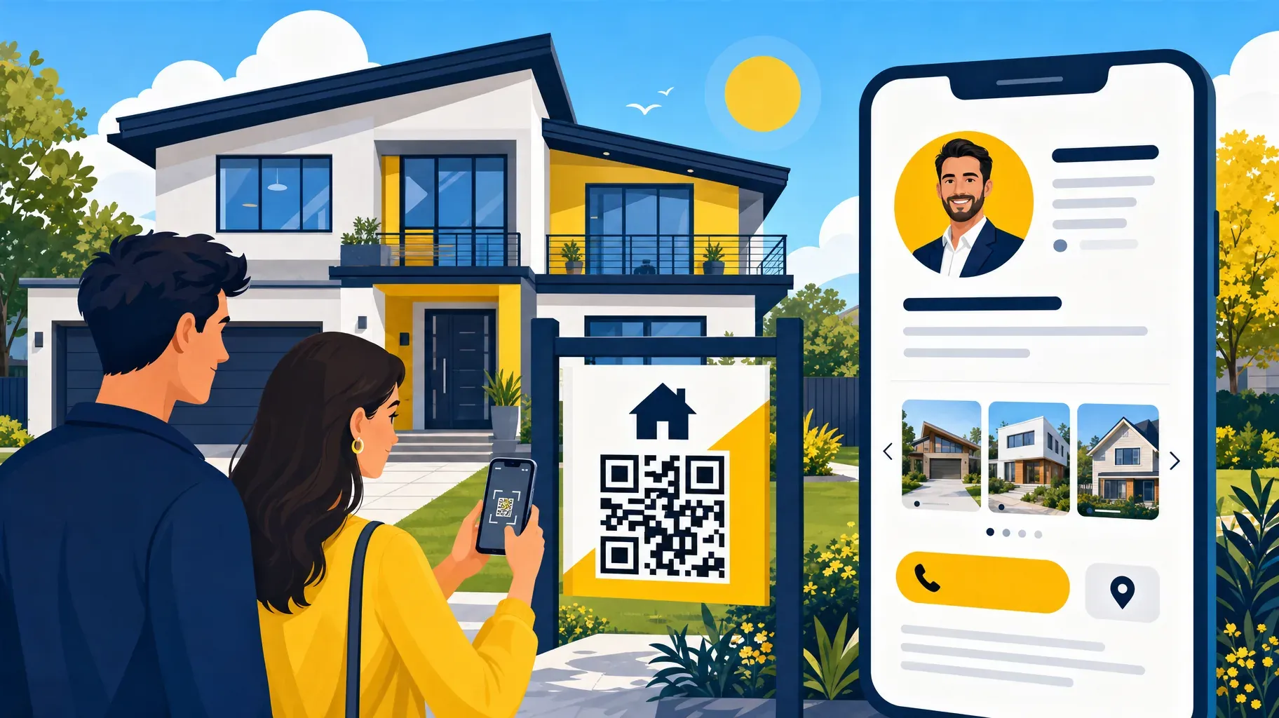 Couple scanning the QR code on a house for sale sign, next to a real estate agent's digital card with listings and a call button