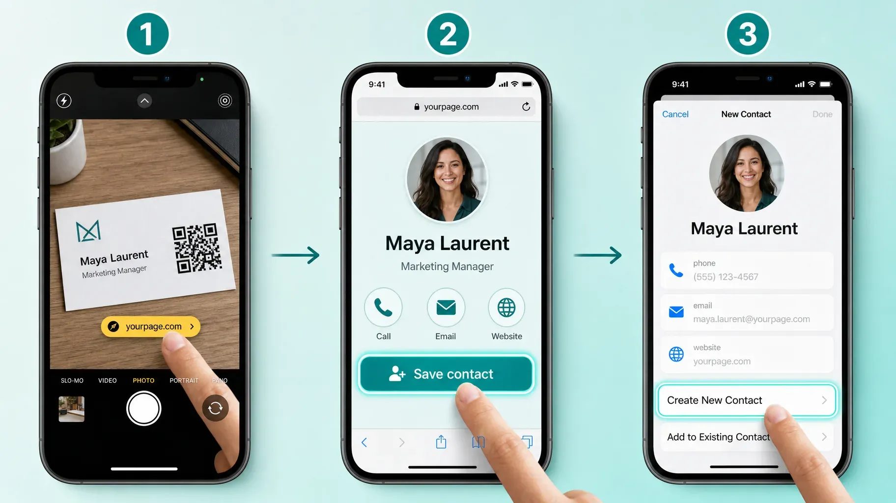 Three steps to save a digital business card, scan the QR code with the camera, tap Save contact, then Create New Contact on iPhone