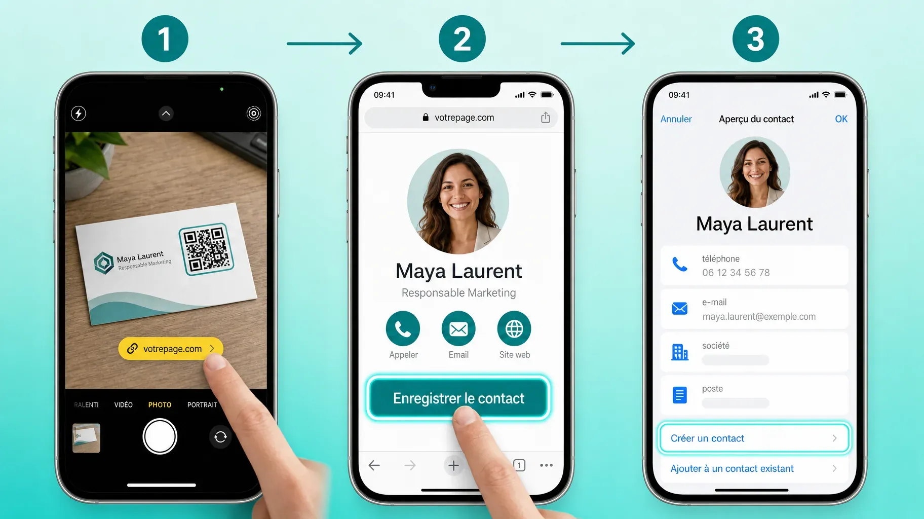 Trois étapes pour enregistrer une carte de visite digitale, scanner le QR code avec l'appareil photo, toucher Enregistrer le contact, puis Créer un contact sur iPhone