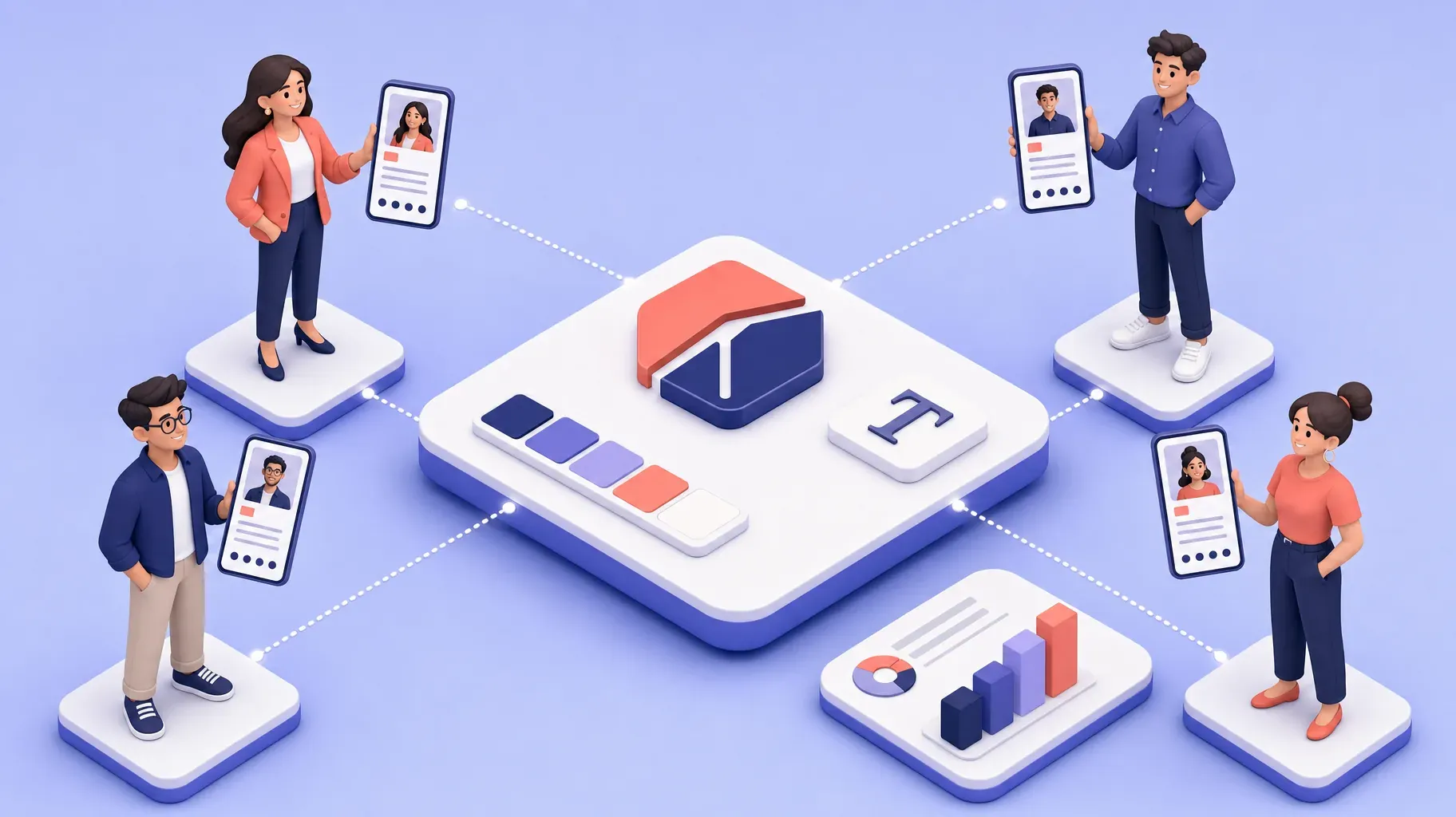Isometric team of four people with matching digital business cards connected to a shared brand kit and an analytics tile