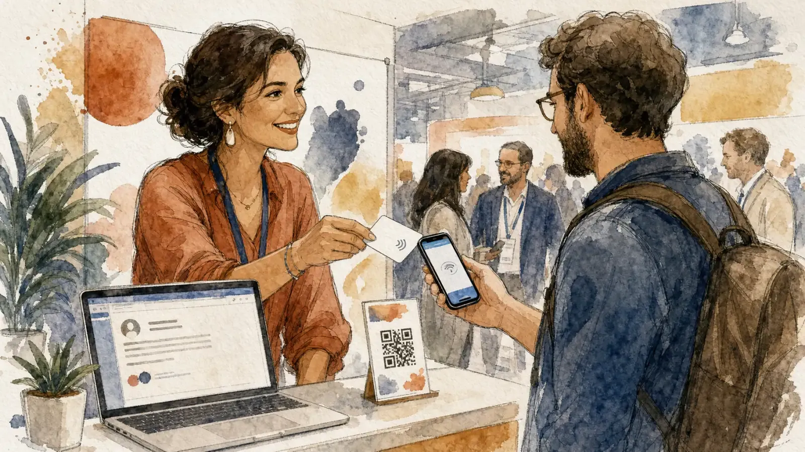 Watercolor scene of a trade show booth where an exhibitor taps an NFC card on a visitor's phone next to a QR code sign and a laptop