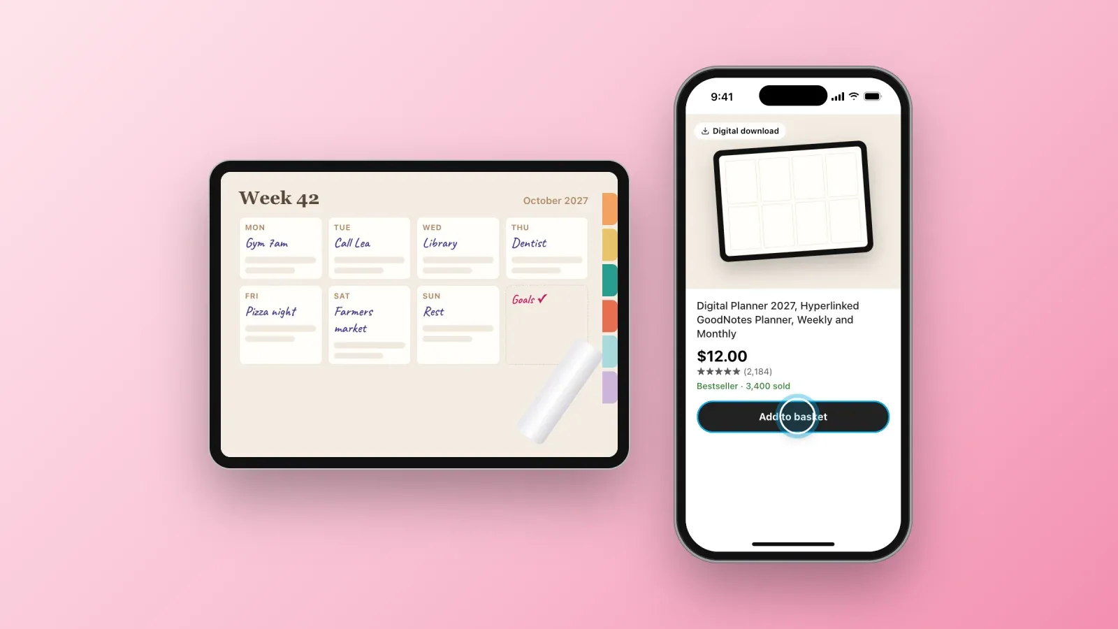 A digital planner with a handwritten weekly page on an iPad, next to a marketplace listing for a 2027 hyperlinked planner sold as a digital download for $12