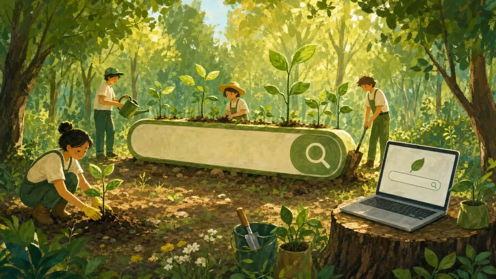 Gouache painting of people planting trees around a giant search bar in a forest, illustrating a search engine that funds climate projects