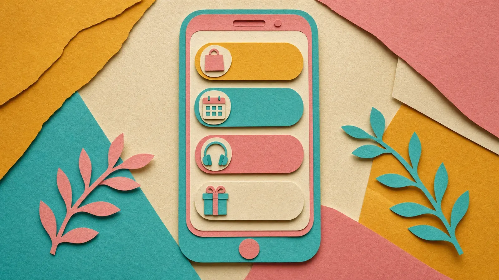 Téléphone en papier découpé avec des boutons de liens, chacun signalé par une petite icône, un sac de shopping, un calendrier, un casque et un cadeau