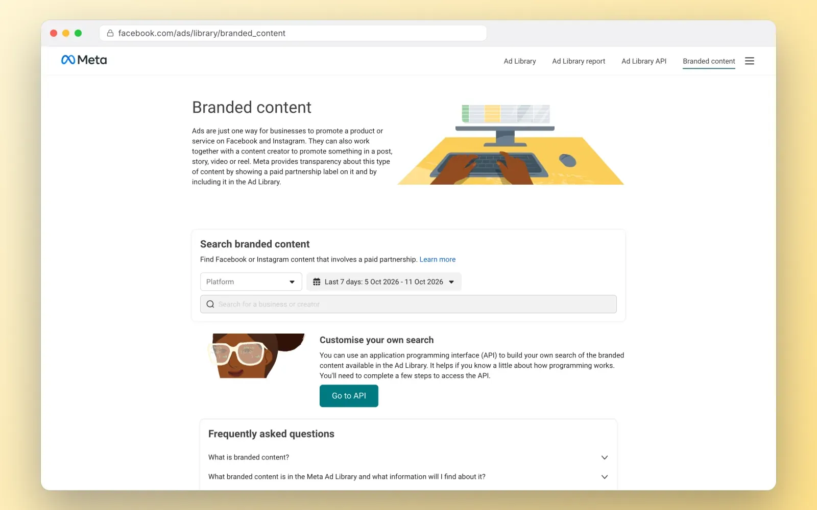 Branded content search page of the Meta Ad Library with platform, date range and a search field for a business or creator