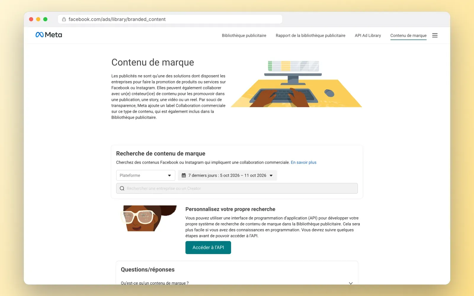 Page de recherche de contenu de marque de la bibliothèque Meta avec la plateforme, la période et un champ de recherche d'entreprise ou de créateur