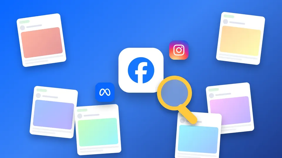 Logo Facebook entouré de fiches publicitaires flottantes, d'une loupe et des logos Instagram et Meta sur fond bleu