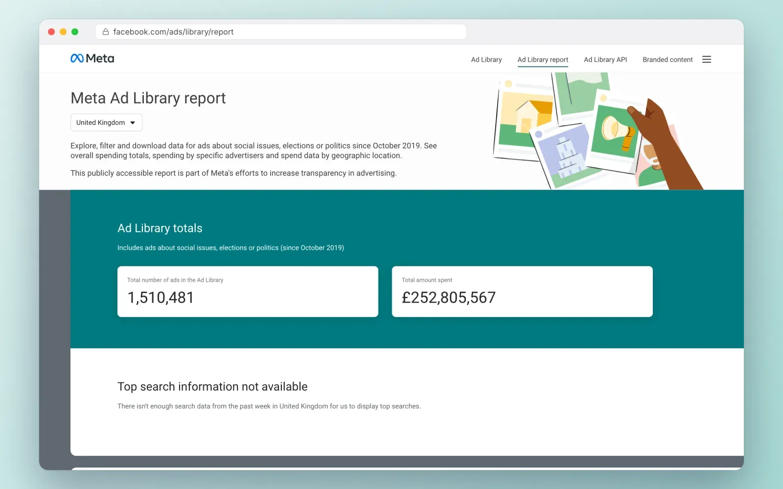 Meta Ad Library report page showing the total number of political and issue ads and the total amount spent in the country