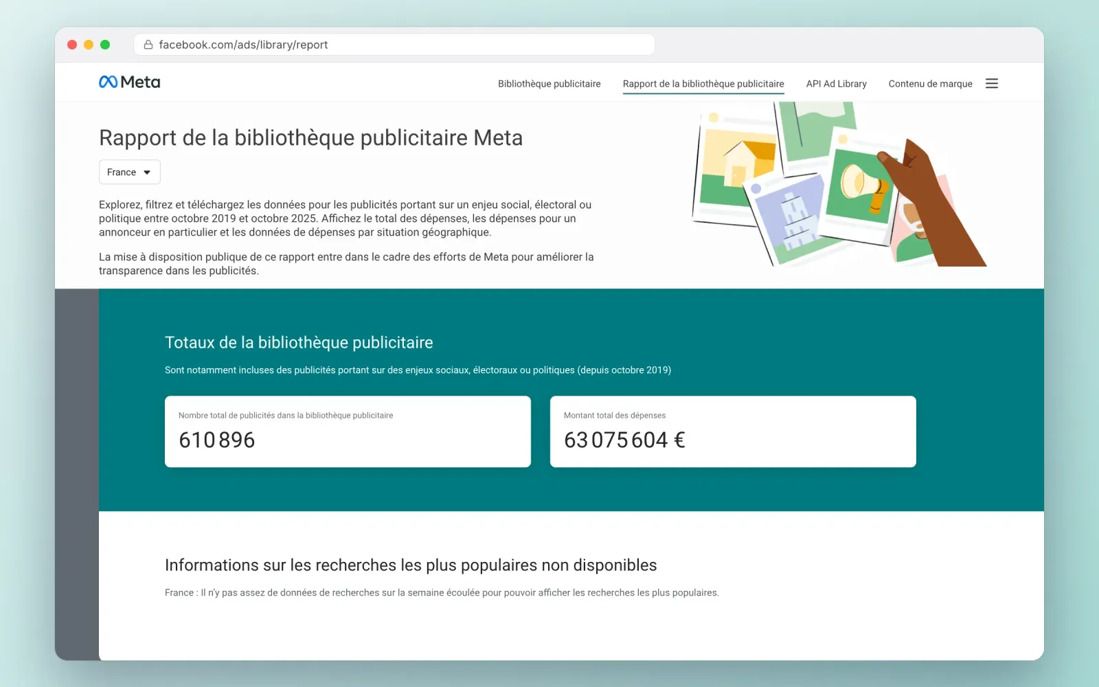 Page du rapport de la bibliothèque publicitaire Meta affichant le nombre total de publicités politiques et sur des thèmes sociaux et le montant total dépensé dans le pays