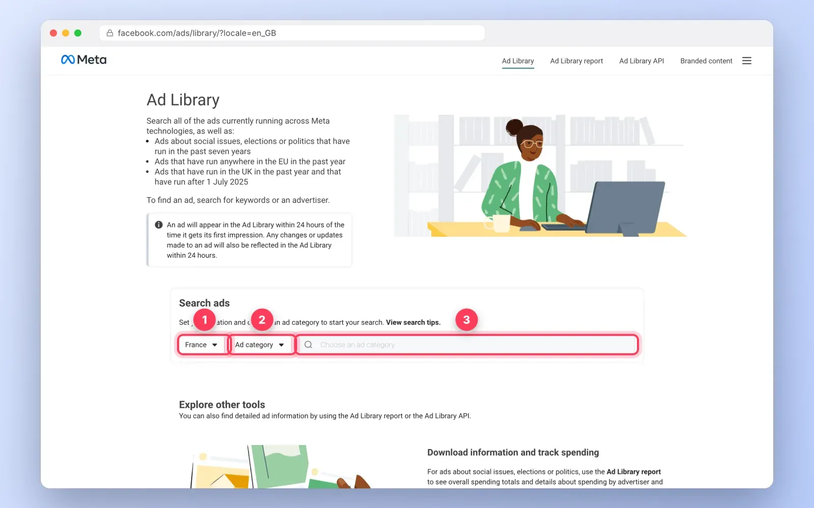 Facebook Ads Library home page with the country selector, ad category selector and search field numbered 1 to 3