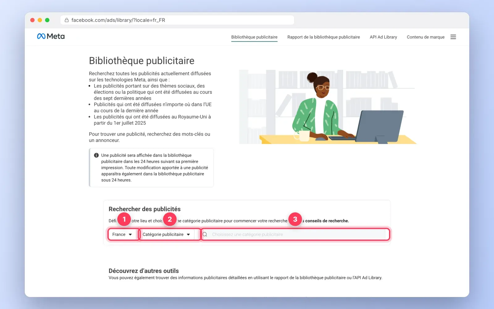Page d'accueil de la bibliothèque publicitaire Facebook avec le sélecteur de pays, le sélecteur de catégorie et le champ de recherche numérotés de 1 à 3