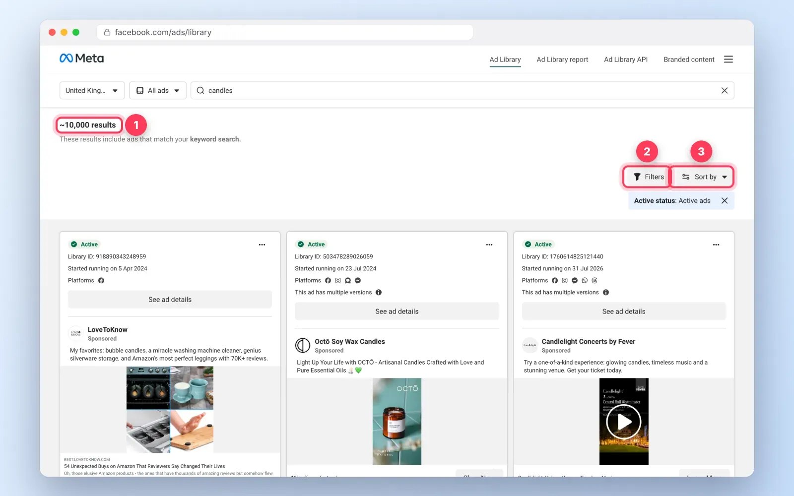 Facebook Ads Library keyword search results with the number of results, the Filters button and the Sort by menu highlighted