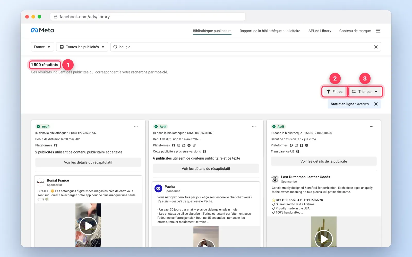 Résultats d'une recherche par mot-clé dans la bibliothèque publicitaire Facebook avec le nombre de résultats, le bouton Filtres et le menu Trier par mis en évidence