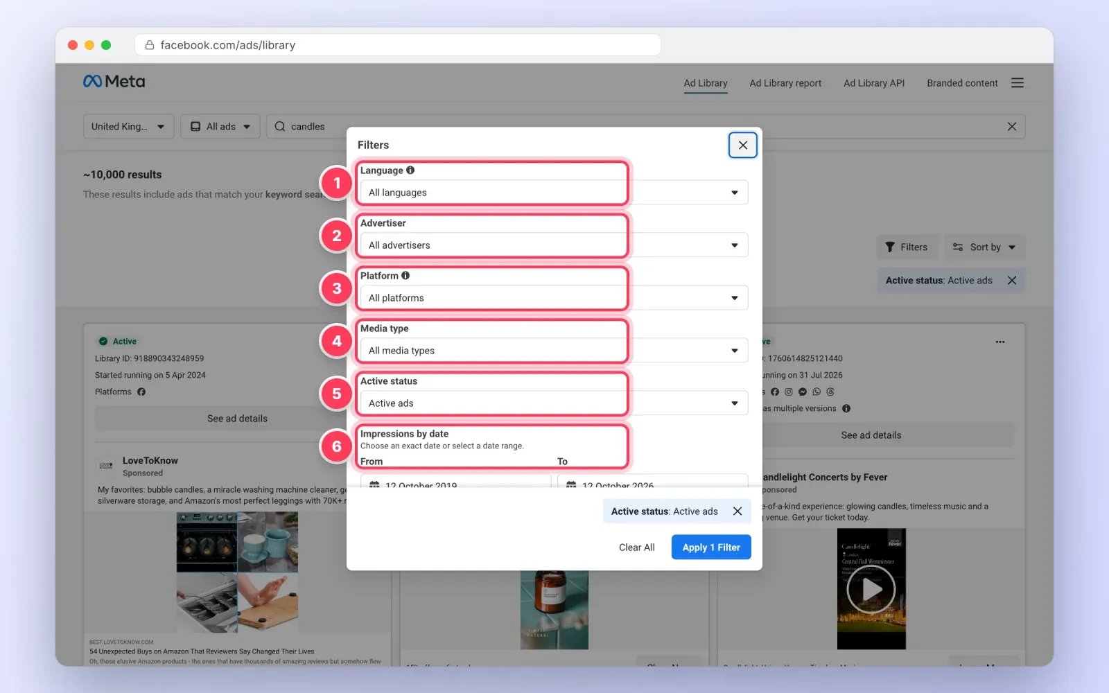 Facebook Ads Library filters panel with language, advertiser, platform, media type, active status and impressions by date numbered 1 to 6