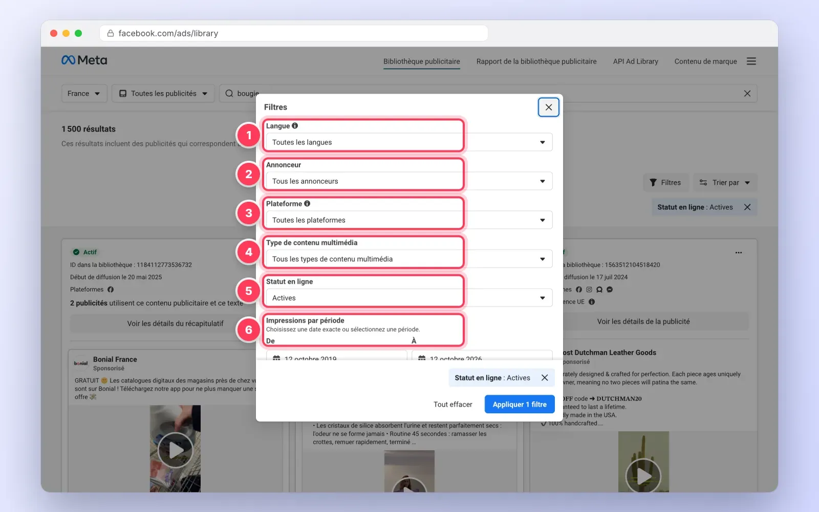Panneau de filtres de la bibliothèque publicitaire Facebook avec la langue, l'annonceur, la plateforme, le type de contenu, le statut et les impressions par période numérotés de 1 à 6
