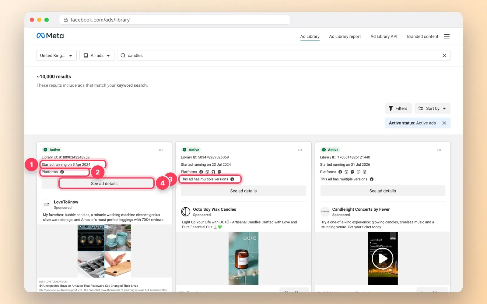 Ad cards in the Facebook Ads Library with the start date, platforms, multiple versions label and ad details button highlighted