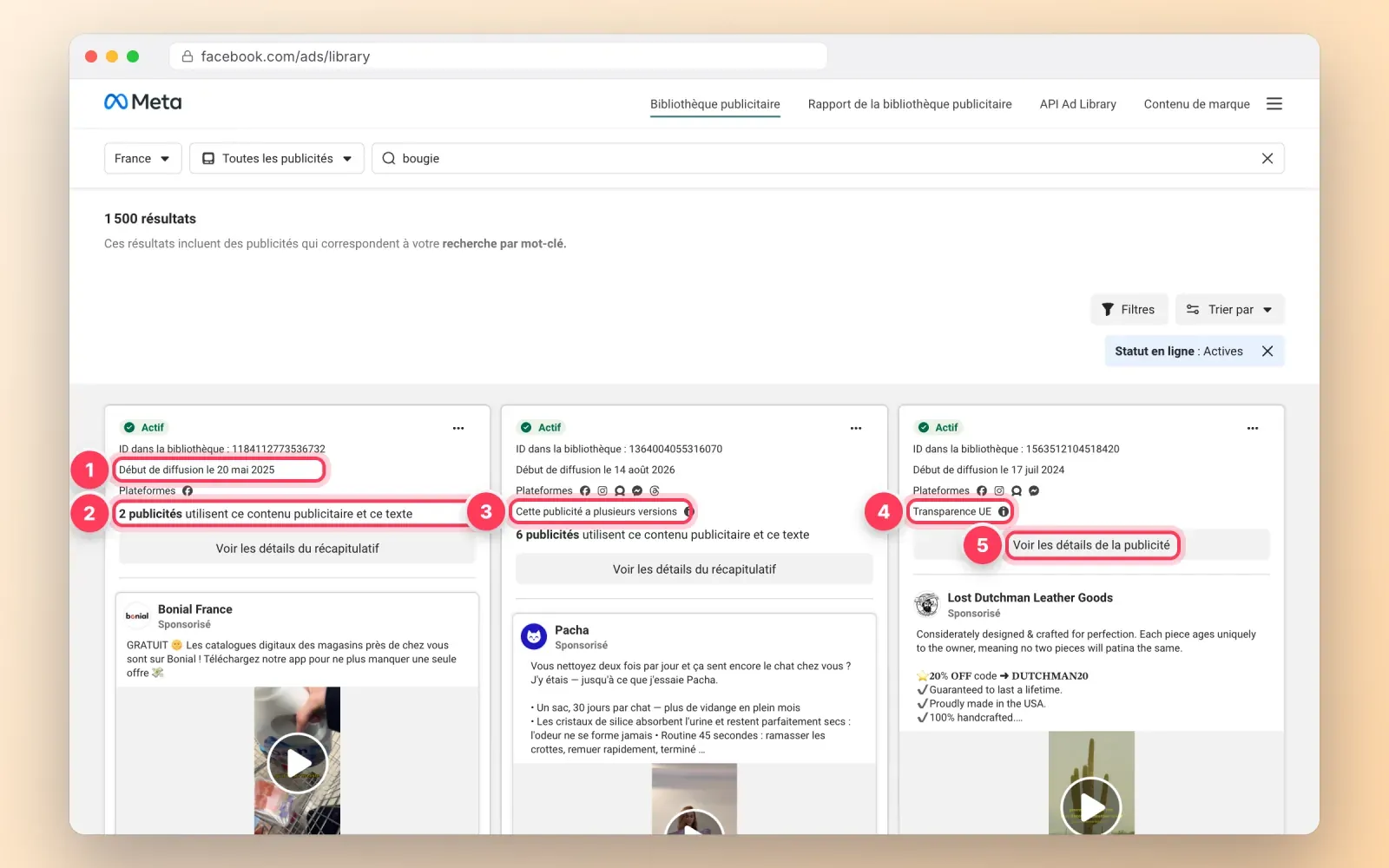 Fiches publicitaires de la bibliothèque Facebook avec la date de début, les publicités utilisant la même création, la mention plusieurs versions, la transparence UE et le bouton de détails mis en évidence