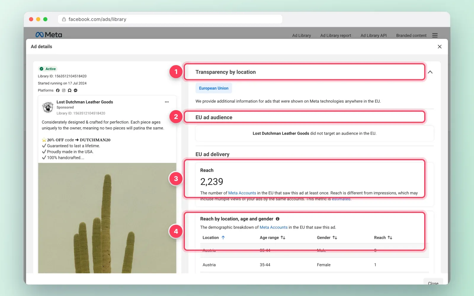 Ad details panel showing EU transparency data, with the targeted audience, a reach of 2,239 accounts and the breakdown by location, age and gender