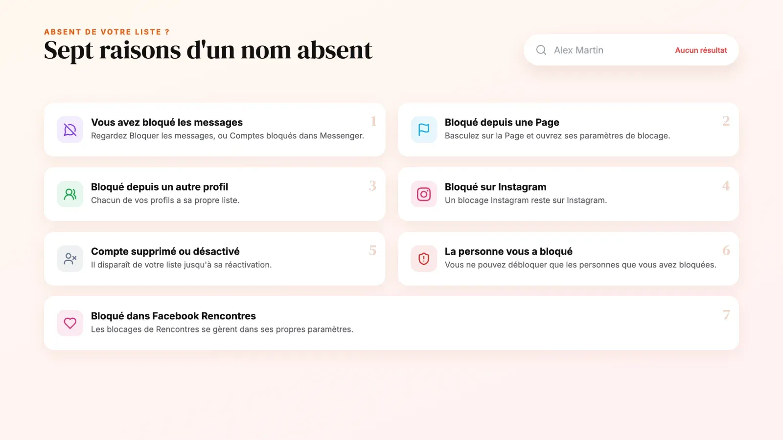 Sept raisons pour lesquelles un nom manque dans votre liste de blocage Facebook, du blocage des messages ou d'une Page à Instagram, aux comptes supprimés et à Facebook Rencontres