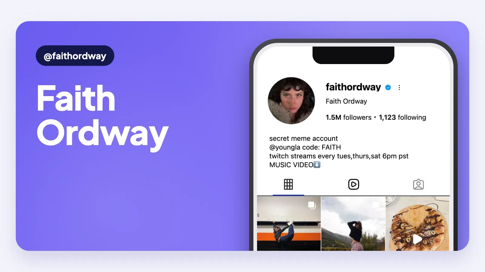 Creator bio cover for Faith Ordway, her name on a purple card next to a phone showing her real Instagram profile with 1.5M followers