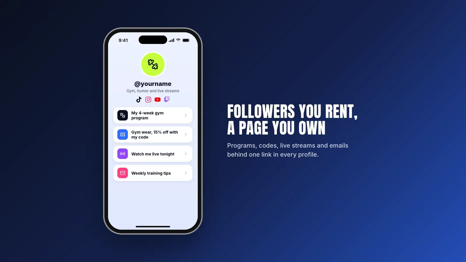 Phone showing a fitness creator link-in-bio page with a gym program, a discount code, a live stream link and a newsletter signup