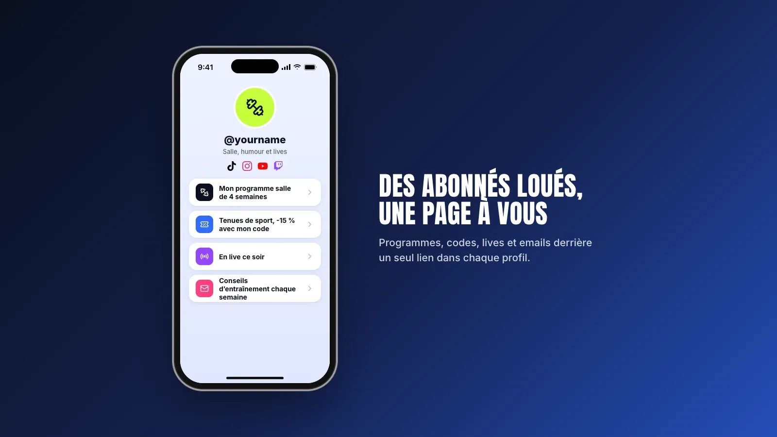 Téléphone affichant la page lien en bio d'une créatrice fitness avec un programme de salle, un code promo, un lien vers le live et une inscription à la newsletter