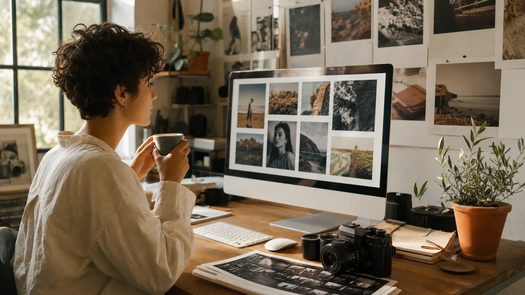 Photographer in her sunlit studio reviewing her online portfolio grid on a large monitor, with prints on the wall and a film camera on the desk
