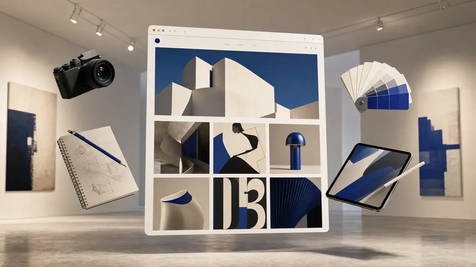 Portfolio website with a grid of architecture, illustration and product design work floating in a gallery with a camera, sketchbook, swatches and tablet