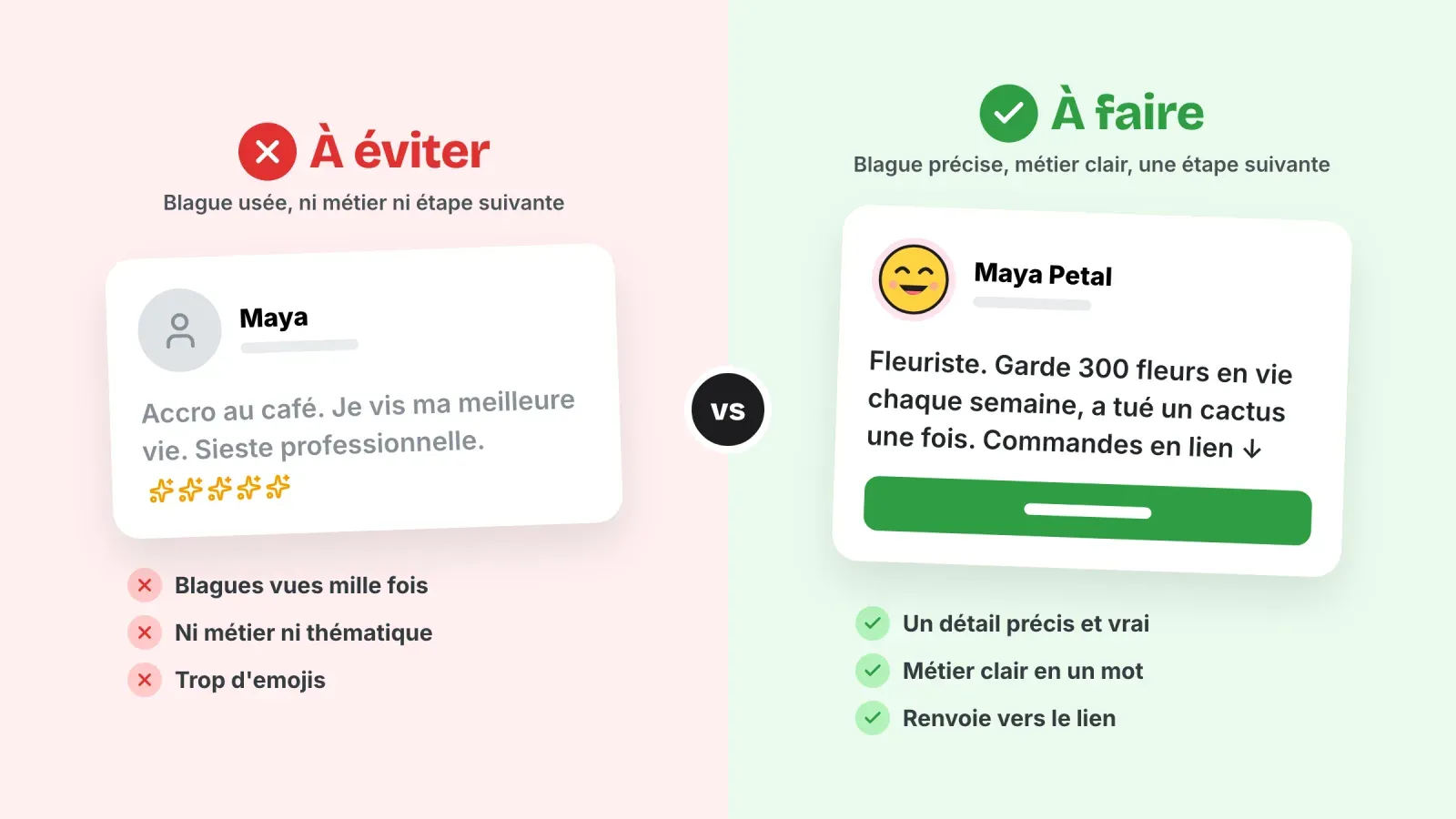 Deux profils comparés, une bio générique aux blagues usées et trop d'emojis à côté d'une bio de fleuriste précise, avec un métier clair et un bouton de lien