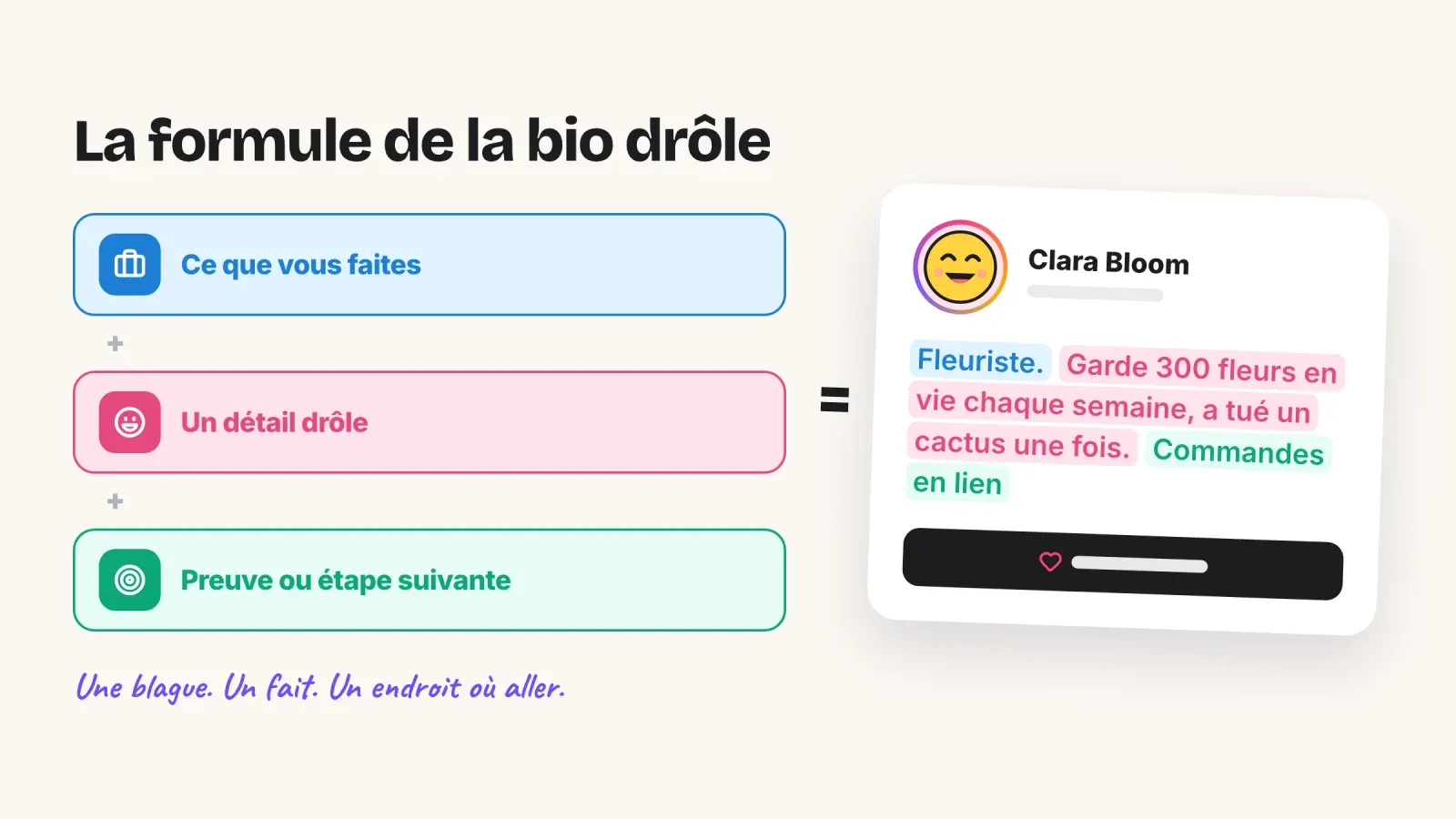 La formule de la bio drôle, ce que vous faites plus un détail drôle plus une preuve ou une étape suivante, illustrée en couleurs sur une bio de fleuriste