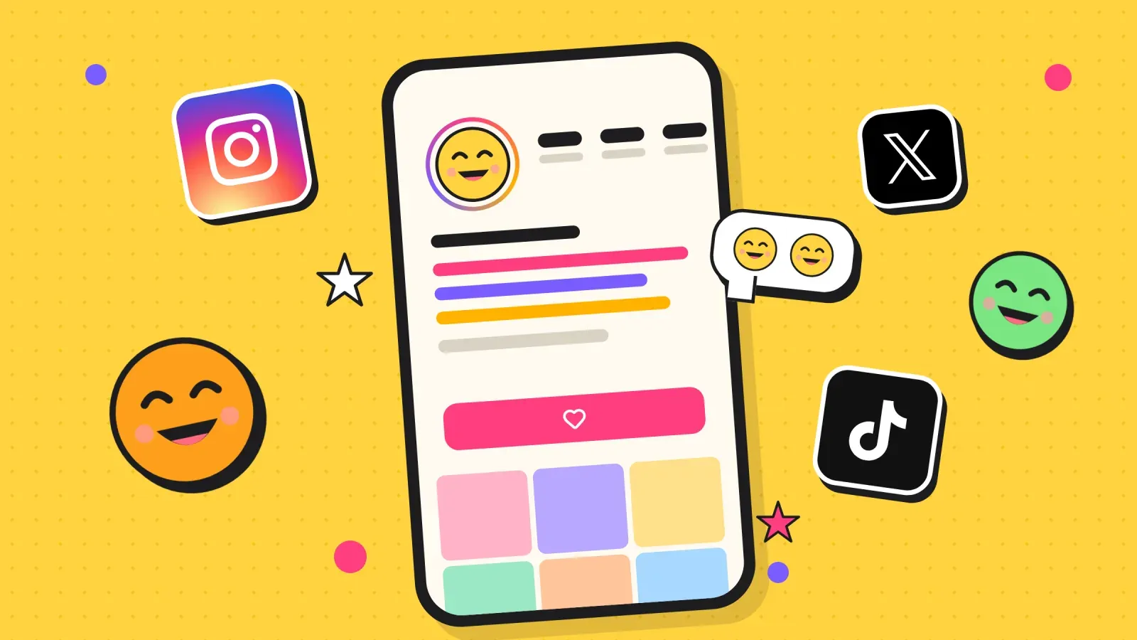 Illustration façon stickers d'un téléphone affichant un profil social avec un avatar hilare, entouré de visages rieurs et des logos Instagram, TikTok et X