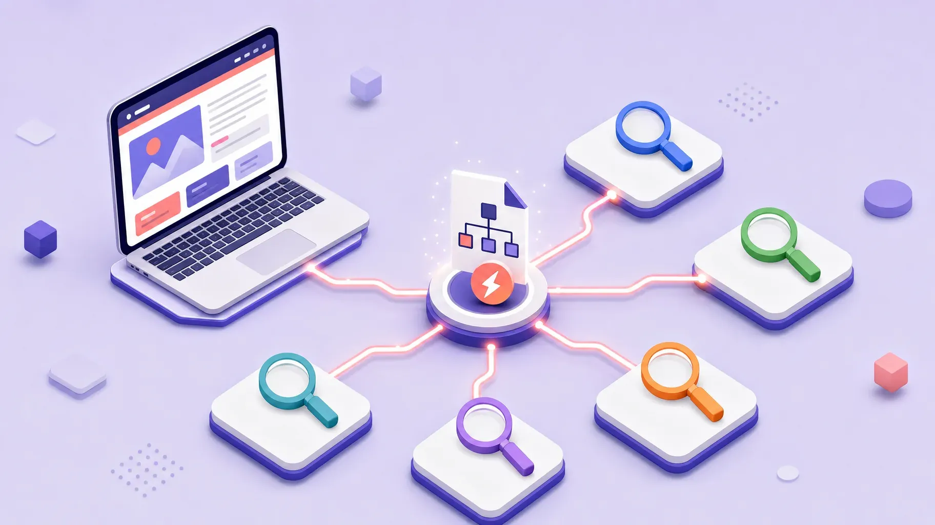 Isometric website sending its sitemap and an instant indexing ping to several search engines shown as colored magnifying glasses