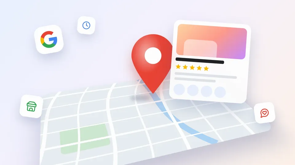 Repère rouge brillant sur une carte 3D inclinée à côté d'une fiche d'établissement flottante avec cinq étoiles et des boutons d'action, avec le logo Google, une boutique, une horloge et une icône de message