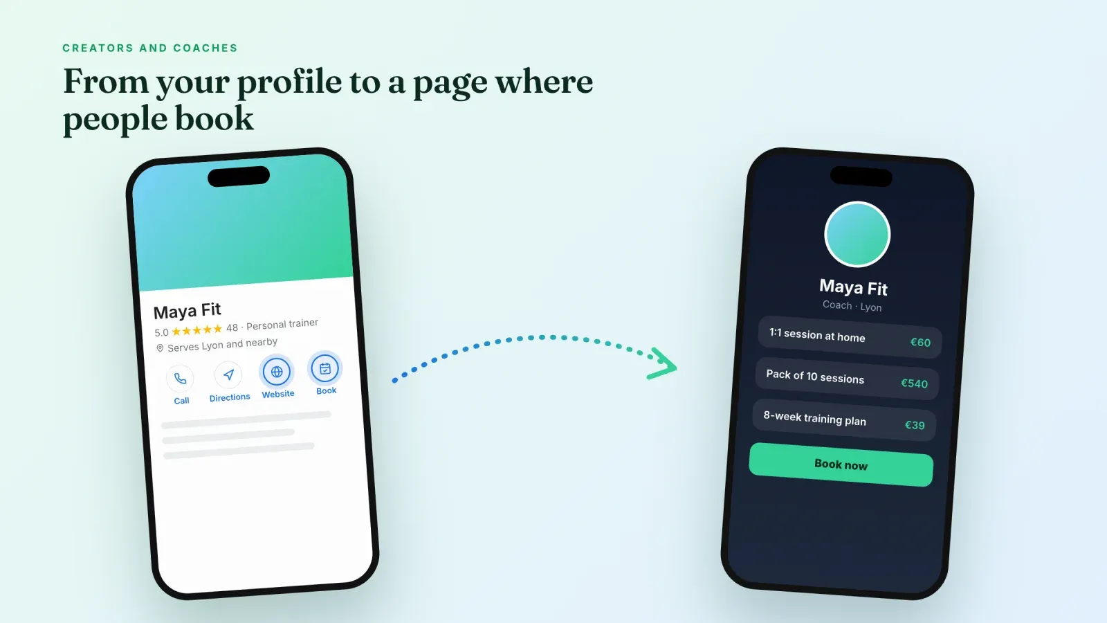 Phone showing a personal trainer business profile with website and book buttons leading to a booking page with sessions and prices