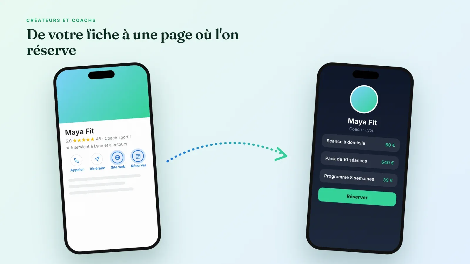 Téléphone affichant la fiche d'une coach sportive avec les boutons site web et réserver qui mènent à une page de réservation avec séances et prix