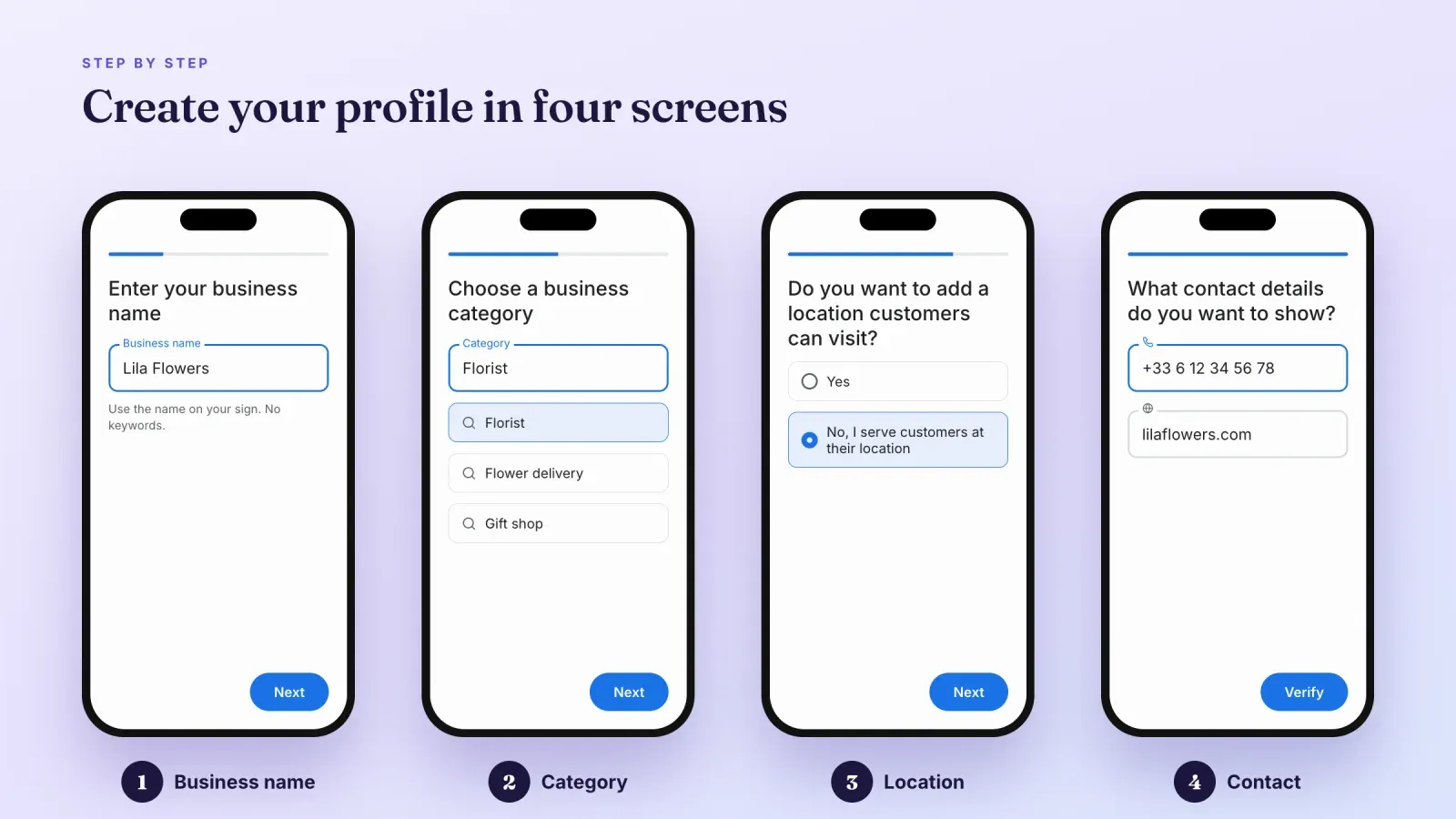 Four phone screens of the Google Business Profile setup, business name, category, location choice and contact details