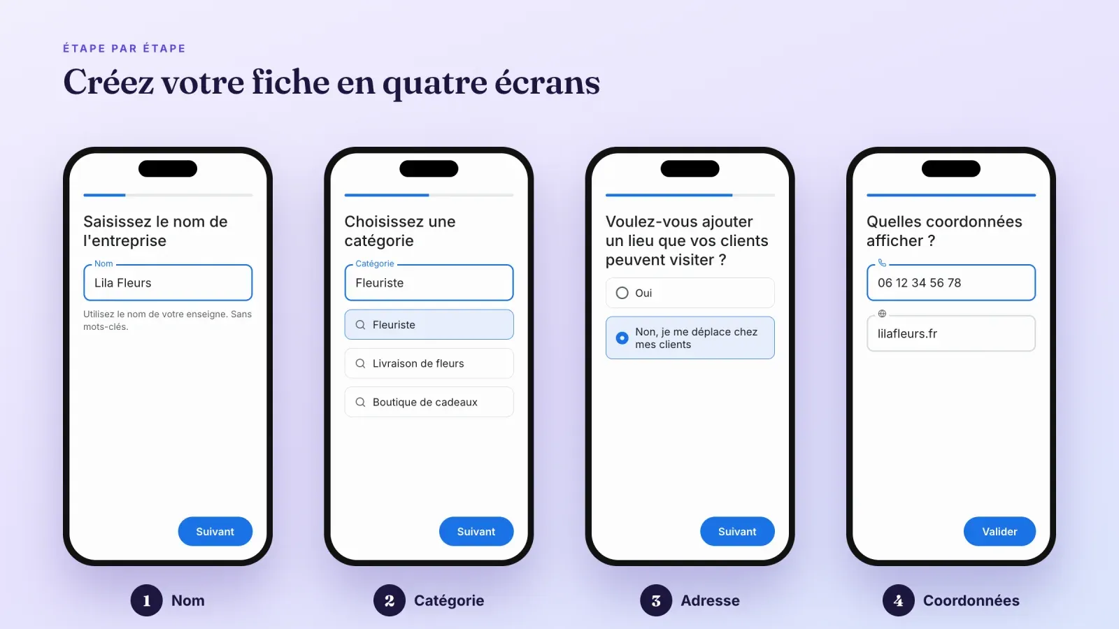 Quatre écrans de téléphone de la création d'une fiche Google Business Profile, nom, catégorie, choix de l'adresse et coordonnées