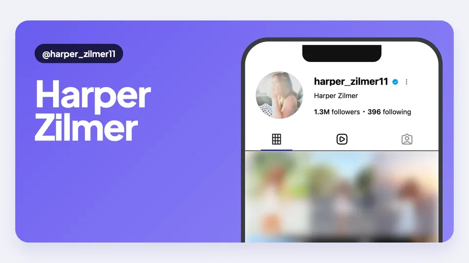 Creator bio cover for Harper Zilmer, her name on a purple card next to a phone showing her real Instagram profile with 1.3M followers