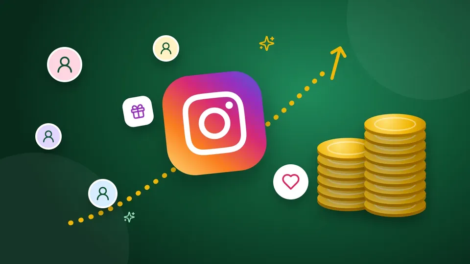Logo Instagram sur un fond vert profond avec des avatars d'abonnés, une courbe de croissance en pointillés, un cœur, un cadeau et deux piles de pièces d'or