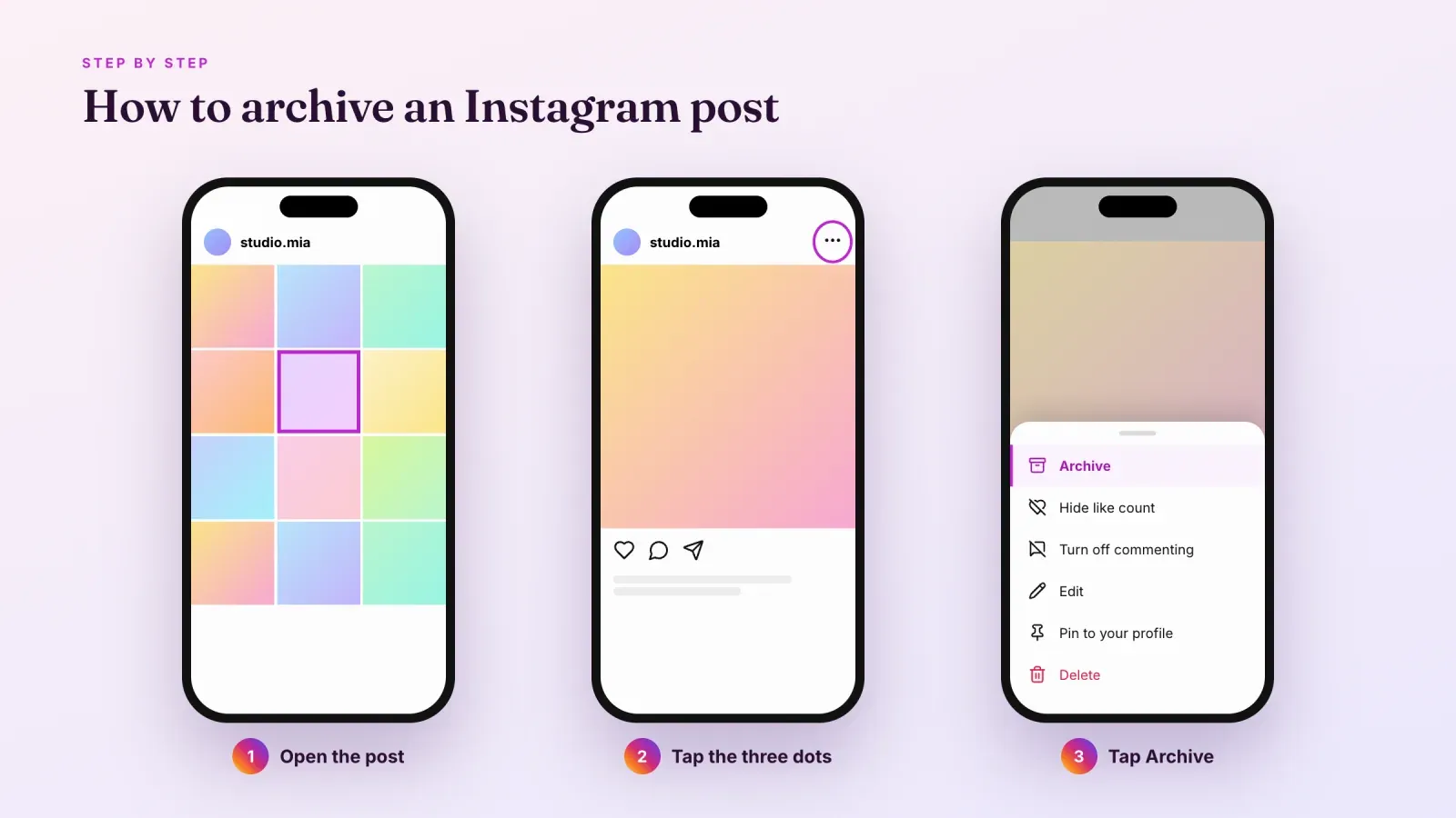 Three phone screens showing how to archive an Instagram post, open the post, tap the three dots, then tap Archive in the menu