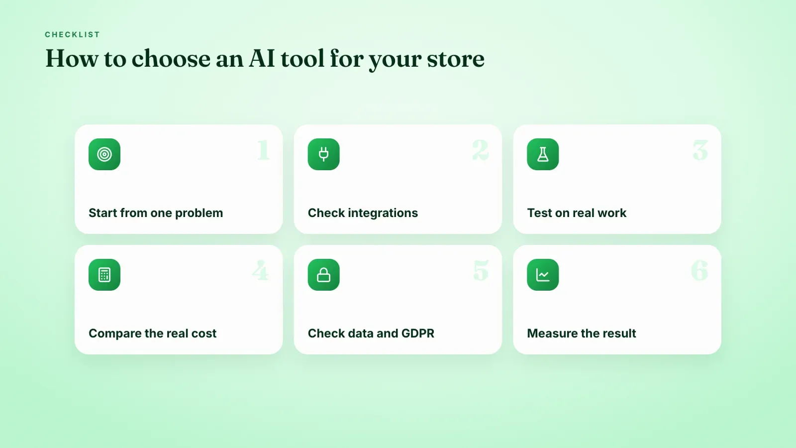 Six-step checklist to choose an AI tool, start from one problem, check integrations, test on real work, compare the real cost, check data and measure results