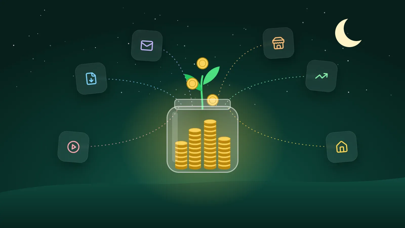 Glass jar of growing coin stacks with a sprouting plant at night, fed by dotted lines from icons for a digital download, a video, email, a store, a rising chart and a house